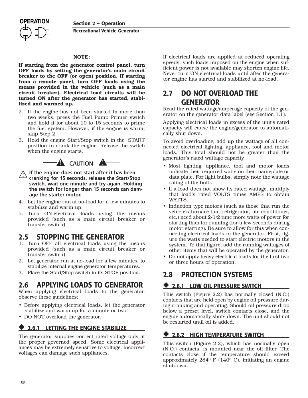 Guardian Technologies 004701-0 owner manual Stopping the generator, Do not overload Generator, Protection Systems 