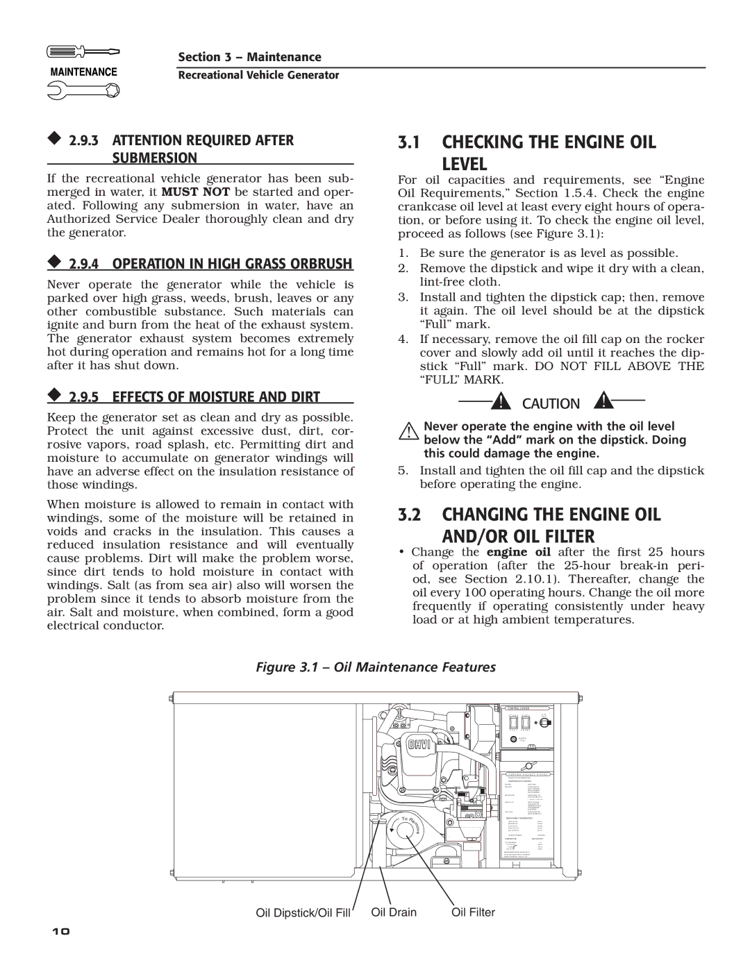 Guardian Technologies 004701-0 owner manual Checking the Engine OIL, Level, CHANGing the Engine OIL And/or Oil Filter 