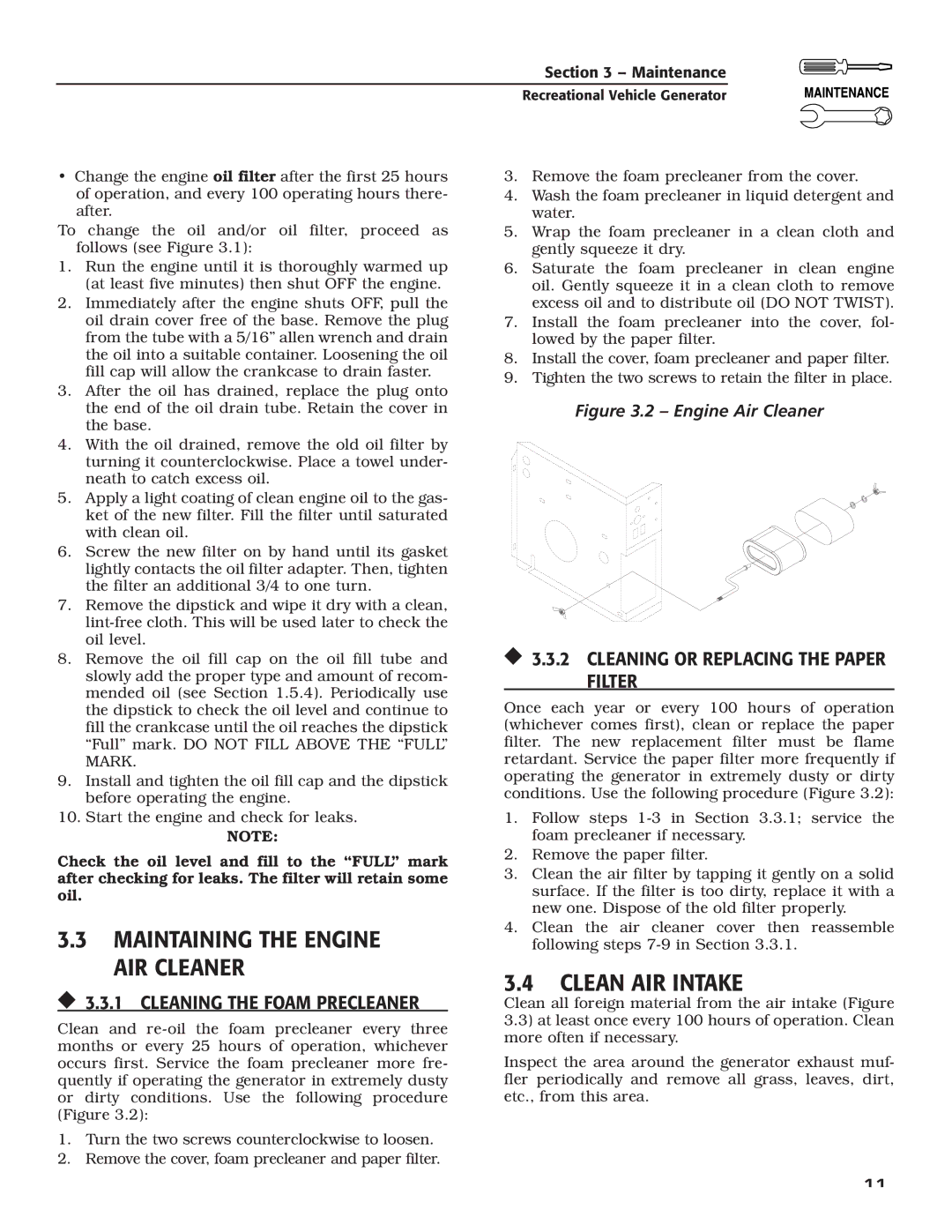 Guardian Technologies 004701-0 Maintaining The Engine AIR Cleaner, Clean air intake,  3.3.1 cleaning the Foam Precleaner 