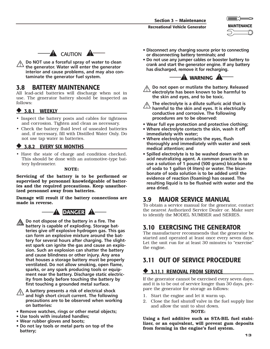 Guardian Technologies 004701-0 owner manual Battery Maintenance, Exercising the Generator, Out of Service Procedure 