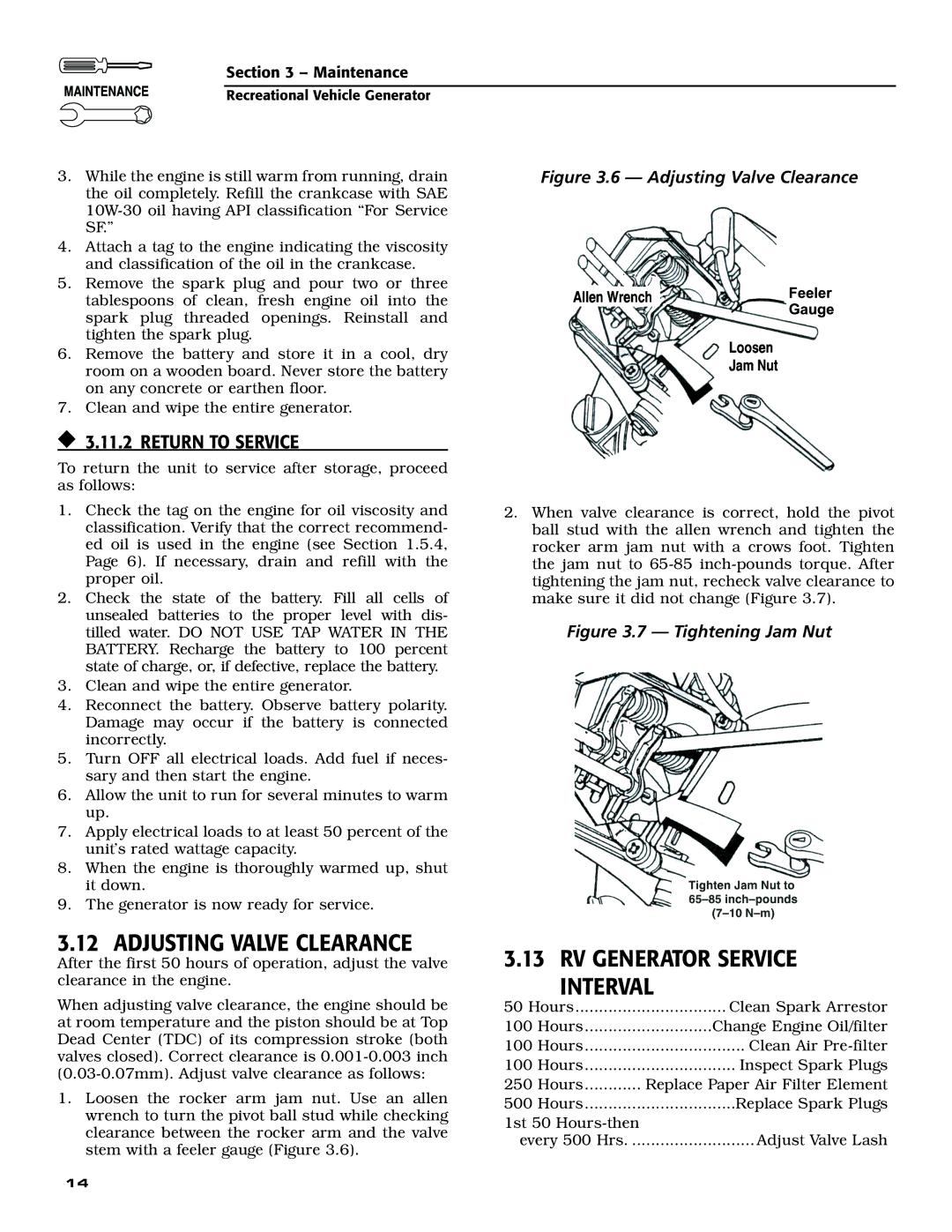 Guardian Technologies 004701-0 Adjusting Valve Clearance, Rv generator service interval,  3.11.2 Return To Service 