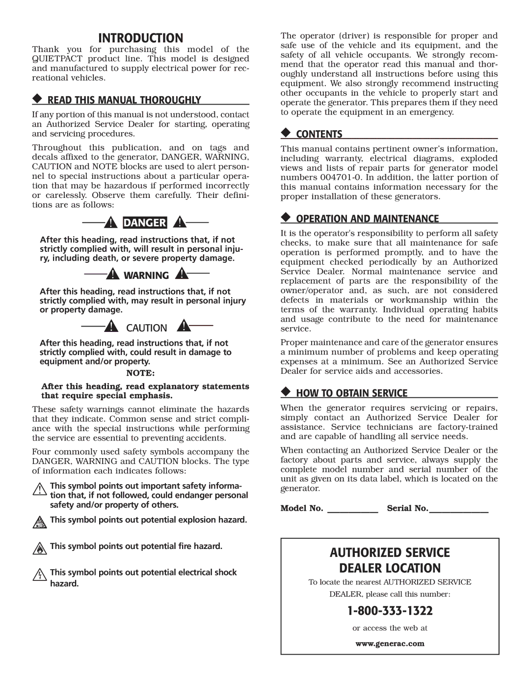 Guardian Technologies 004701-0 owner manual Introduction, Authorized Service, Dealer Location 