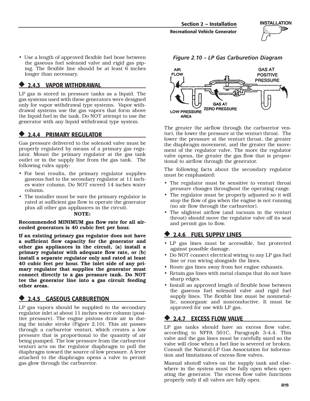 Guardian Technologies 004701-0  2.4.3 vapor withdrawal,  2.4.4 primary regulator,  2.4.5 Gaseous Carburetion 