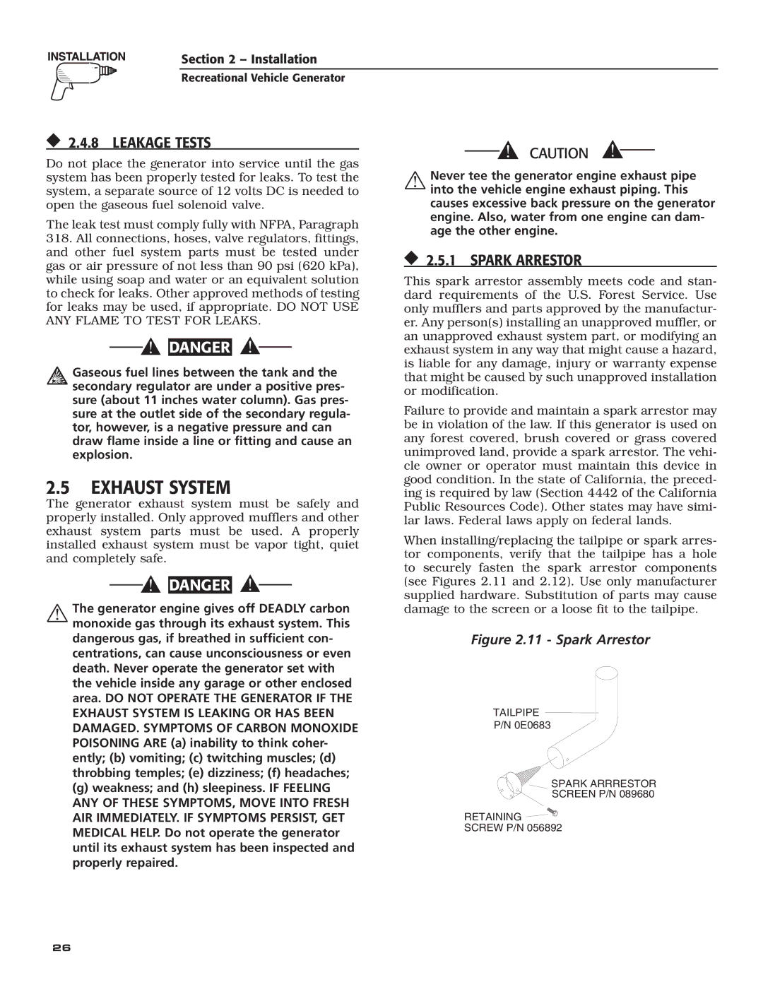 Guardian Technologies 004701-0 owner manual Exhaust System,  2.4.8 leakage tests,  2.5.1 Spark Arrestor 