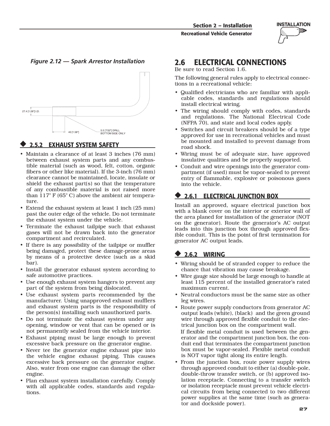 Guardian Technologies 004701-0 Electrical Connections,  2.5.2 Exhaust System Safety,  2.6.1 Electrical Junction BOX 