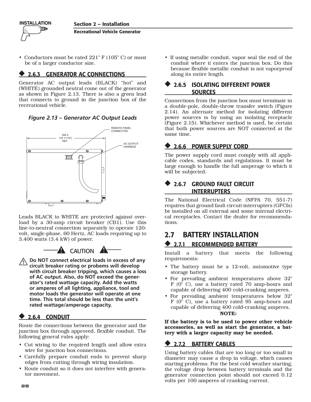 Guardian Technologies 004701-0 owner manual  2.6.3 Generator AC Connections,  2.6.6 Power Supply Cord,  2.6.4 Conduit 