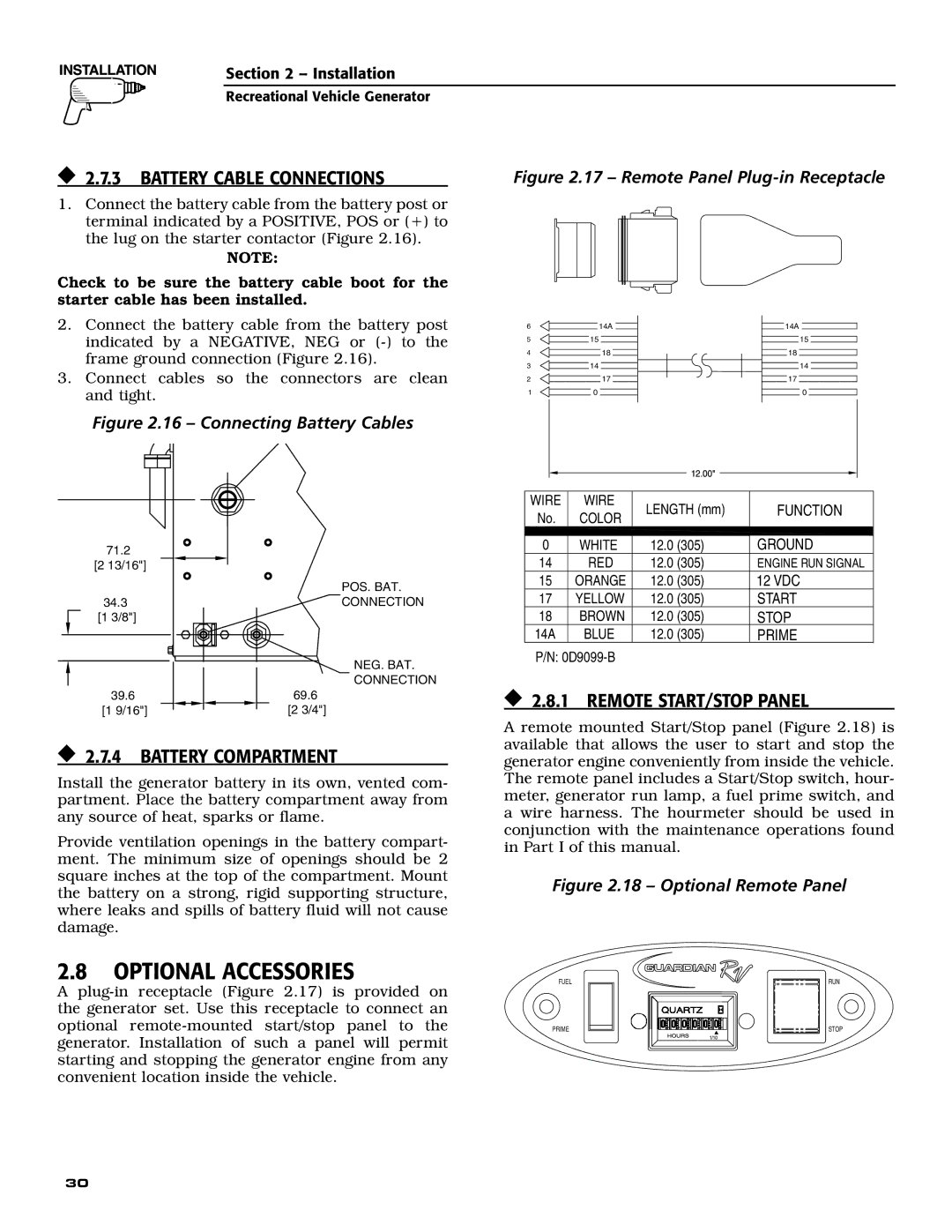 Guardian Technologies 004701-0 Optional Accessories,  2.7.3 Battery Cable Connections,  2.7.4 Battery Compartment 