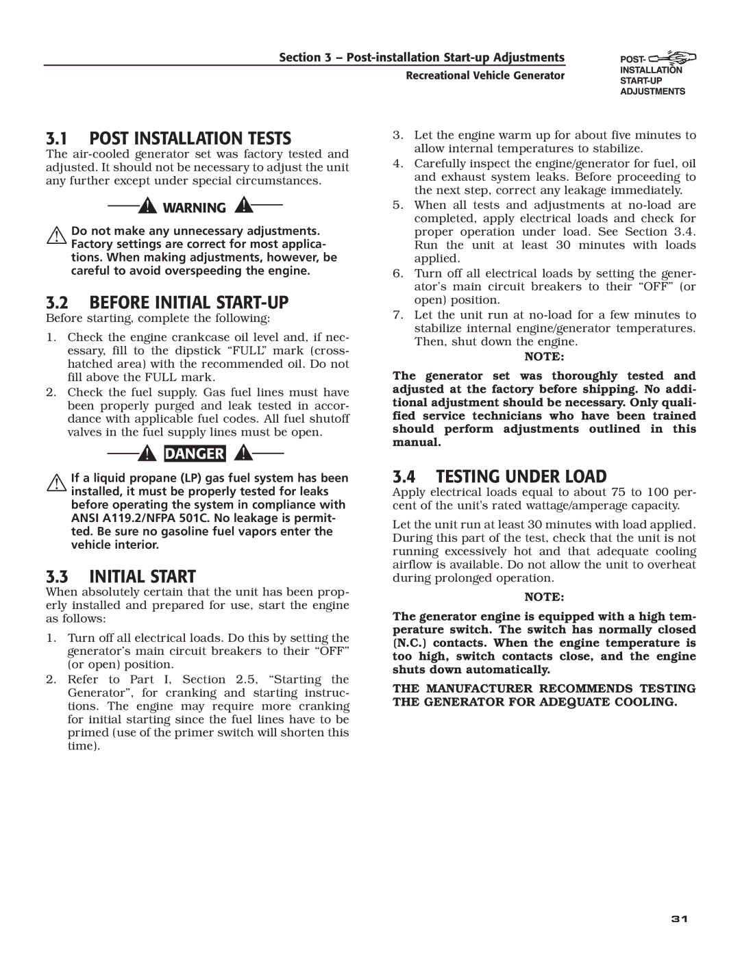 Guardian Technologies 004701-0 Post Installation Tests, Before Initial START-UP, Initial Start, Testing Under Load 