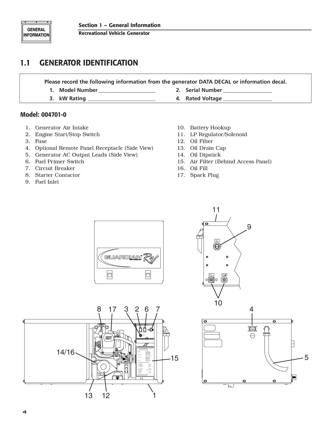 Guardian Technologies 004701-0 owner manual Generator Identification, Model 