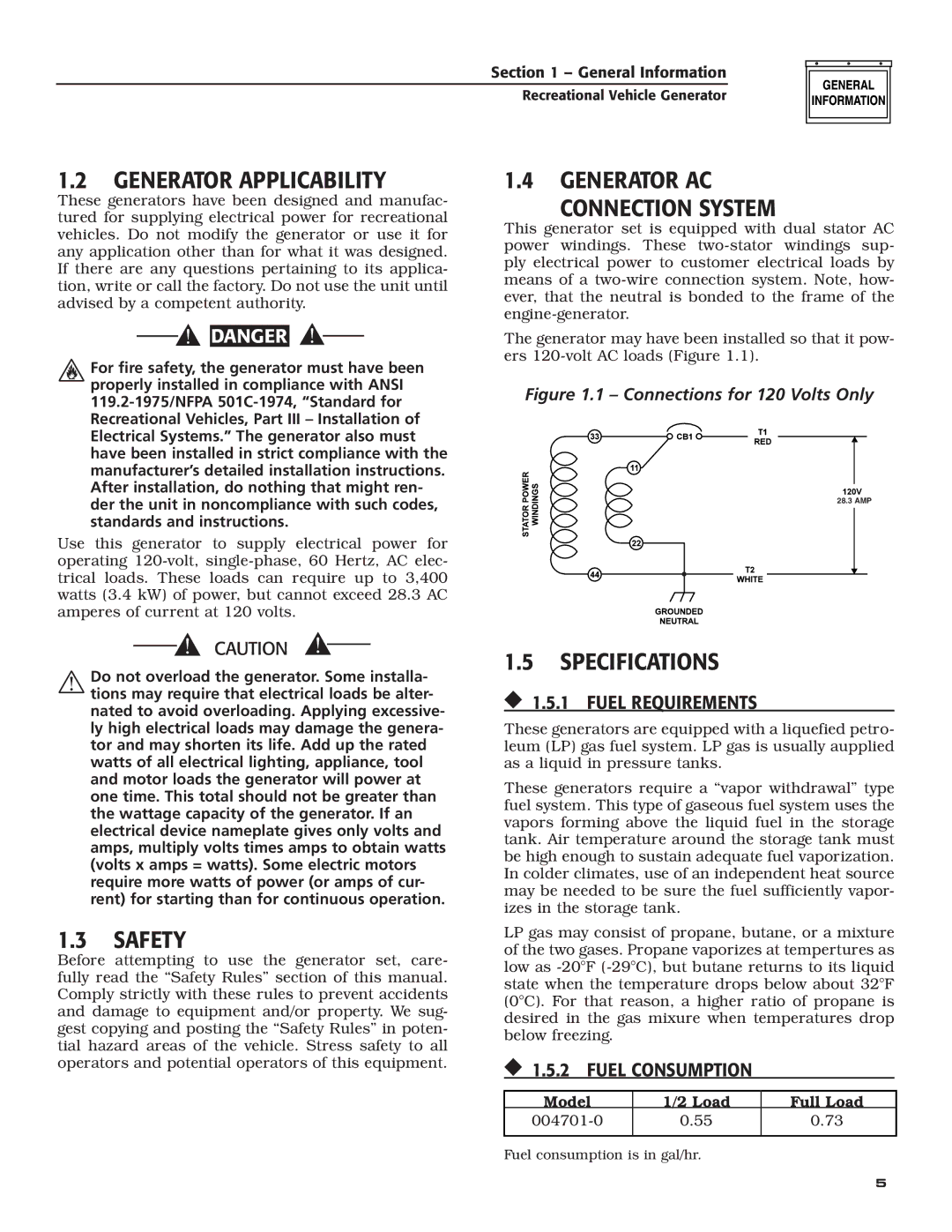 Guardian Technologies 004701-0 owner manual Generator Applicability, Generator ac Connection system, Safety, Specifications 