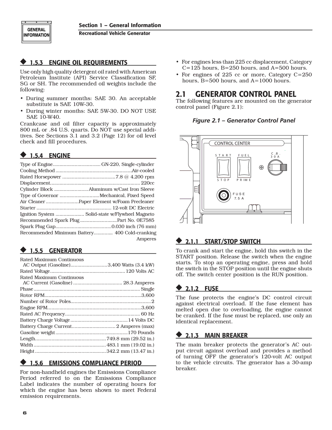 Guardian Technologies 004701-0 owner manual Generator control panel 