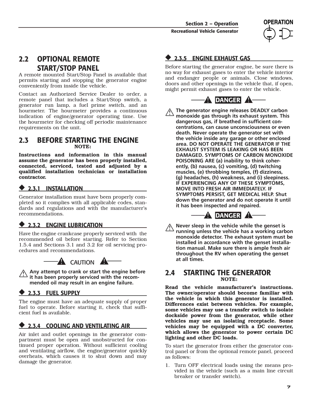 Guardian Technologies 004701-0 Optional remote Start/stop panel, Before starting the engine, Starting the generator 