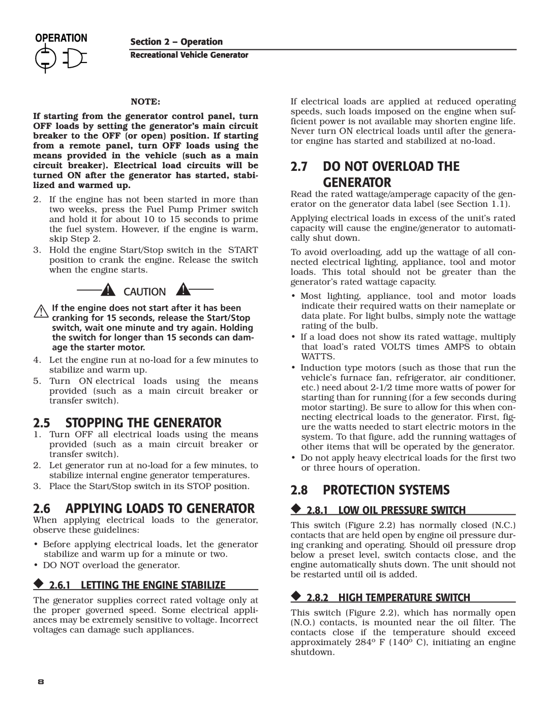 Guardian Technologies 004701-0 2.5stopping the generator, 2.7do not overload the generator, 2.8Protection Systems 
