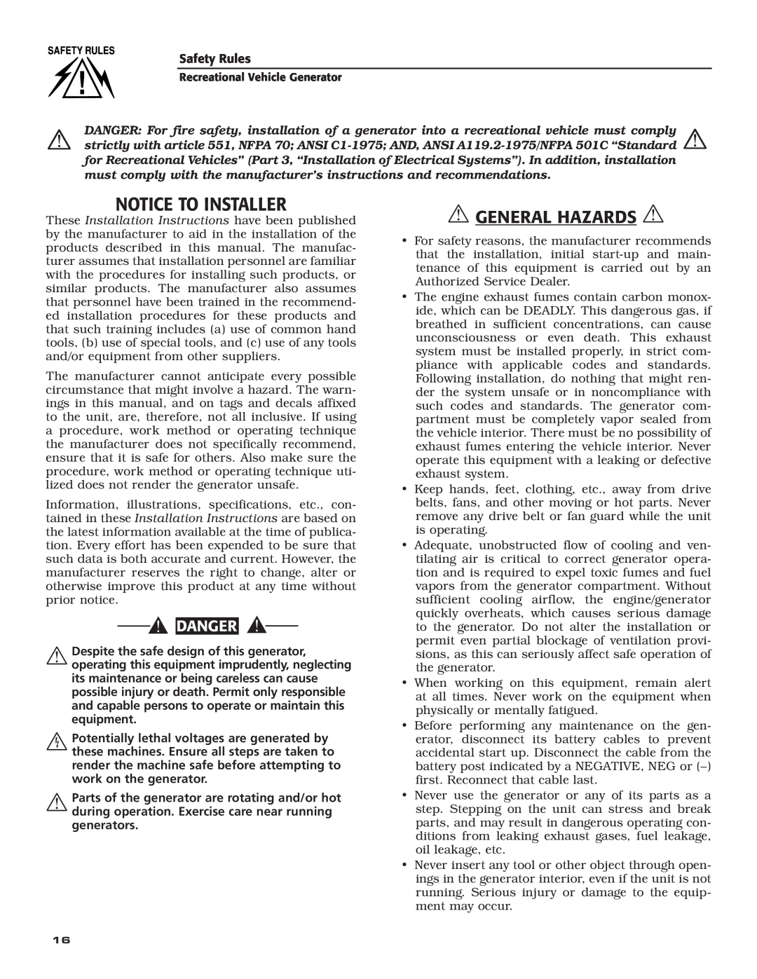 Guardian Technologies 004701-0 owner manual Notice to Installer,  General Hazards, danger 