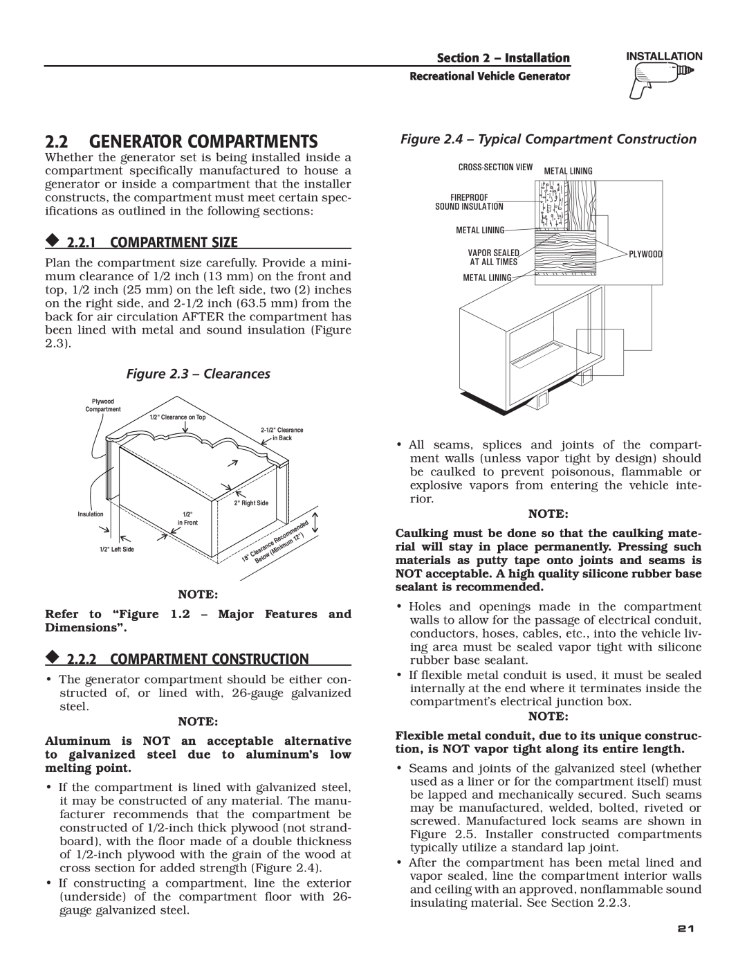 Guardian Technologies 004701-0 2.2Generator Compartments, 2.2.1 COMPARTMENT SIZE, 2.2.2 COMPARTMENT Construction 