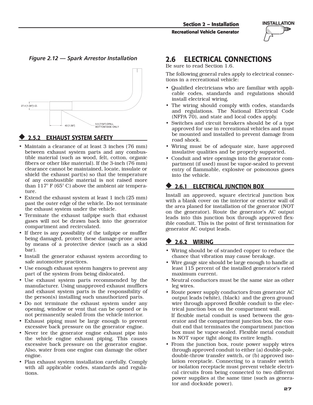 Guardian Technologies 004701-0 2.6Electrical Connections, 2.5.2 EXHAUST SYSTEM SAFETY, 2.6.1 ELECTRICAL JUNCTION BOX 