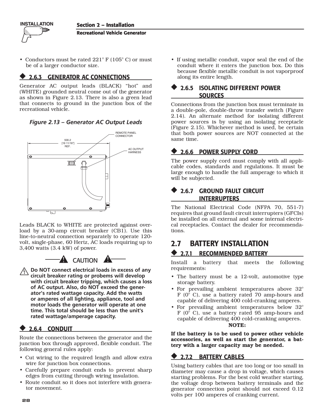 Guardian Technologies 004701-0 owner manual 2.6.3 GENERATOR AC CONNECTIONS, 2.6.6 POWER SUPPLY CORD, 2.6.4 CONDUIT 