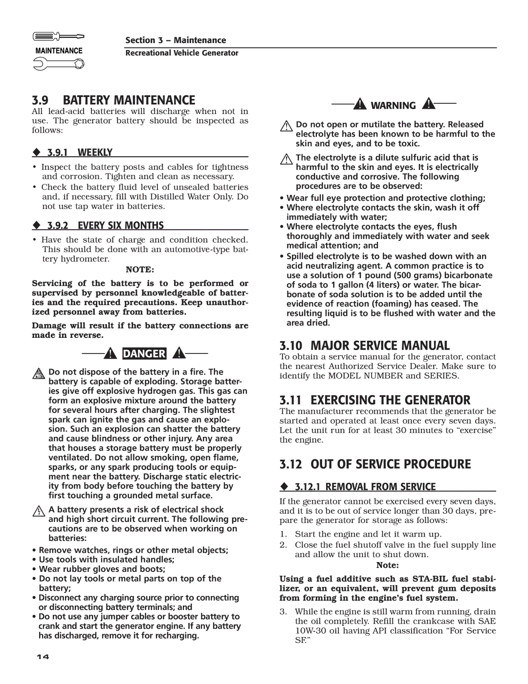 Guardian Technologies 004708-0, 004700-0 Battery Maintenance, Exercising the Generator, OUT of Service Procedure 