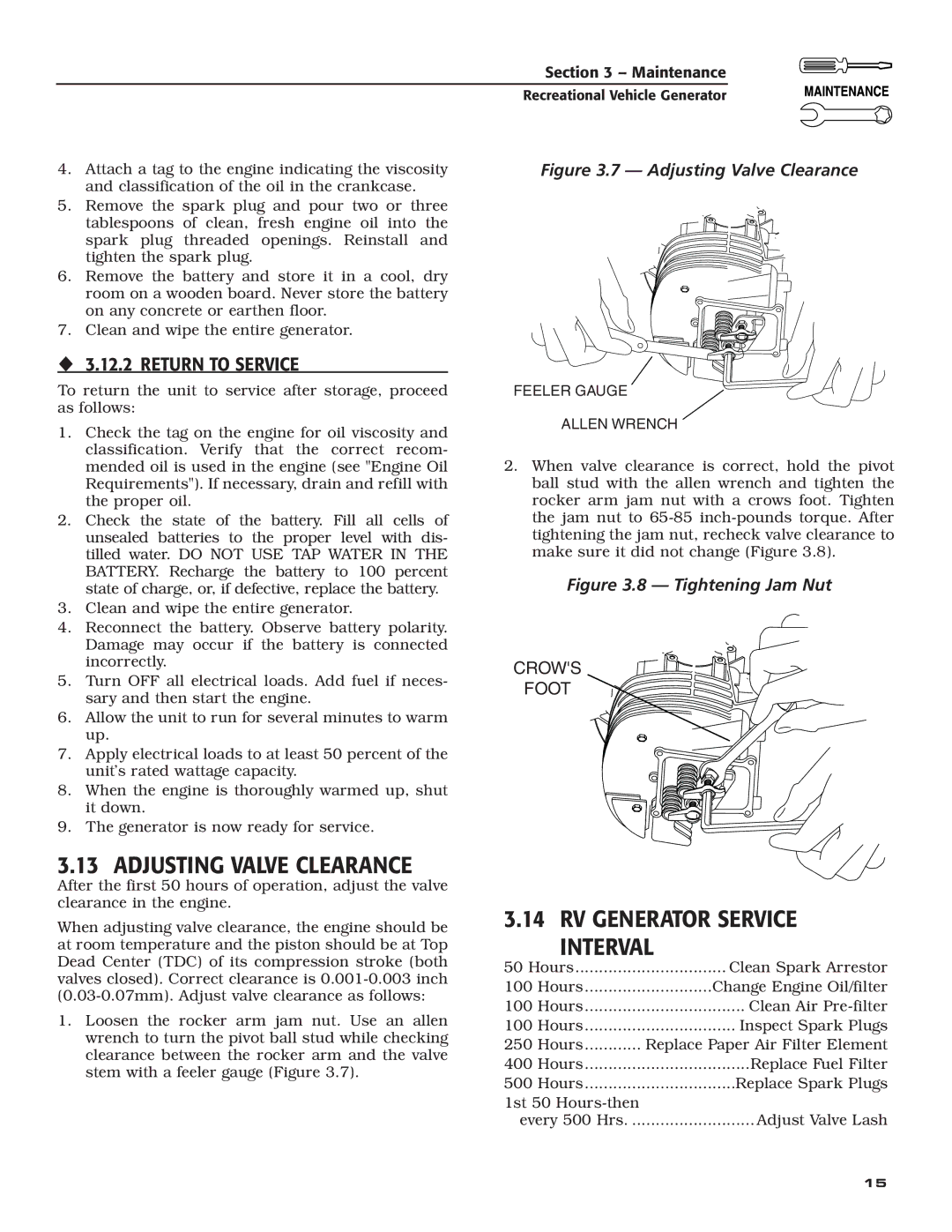 Guardian Technologies 004700-0 Adjusting Valve Clearance, RV Generator Service Interval, ‹ 3.12.2 Return to Service 