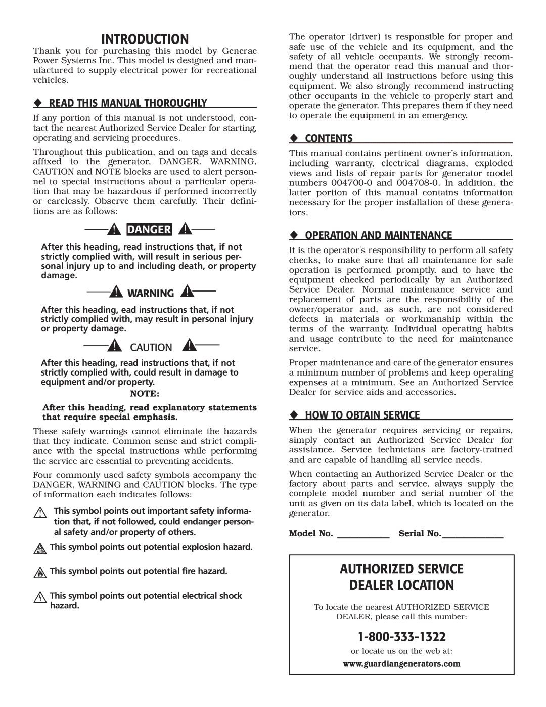 Guardian Technologies 004708-0, 004700-0 owner manual Introduction, Authorized Service Dealer Location 