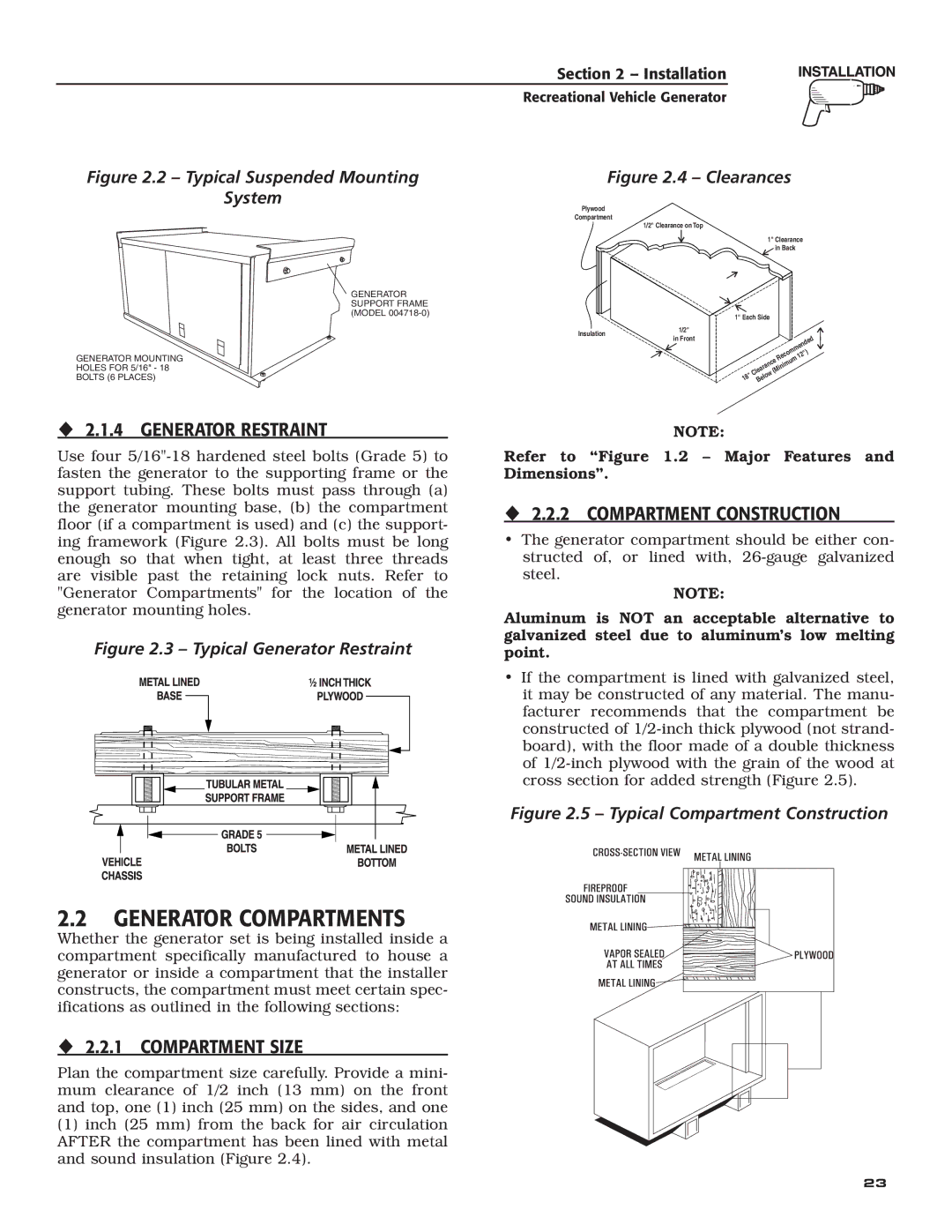 Guardian Technologies 004700-0 Generator Compartments, ‹ 2.1.4 Generator Restraint, ‹ 2.2.2 Compartment Construction 