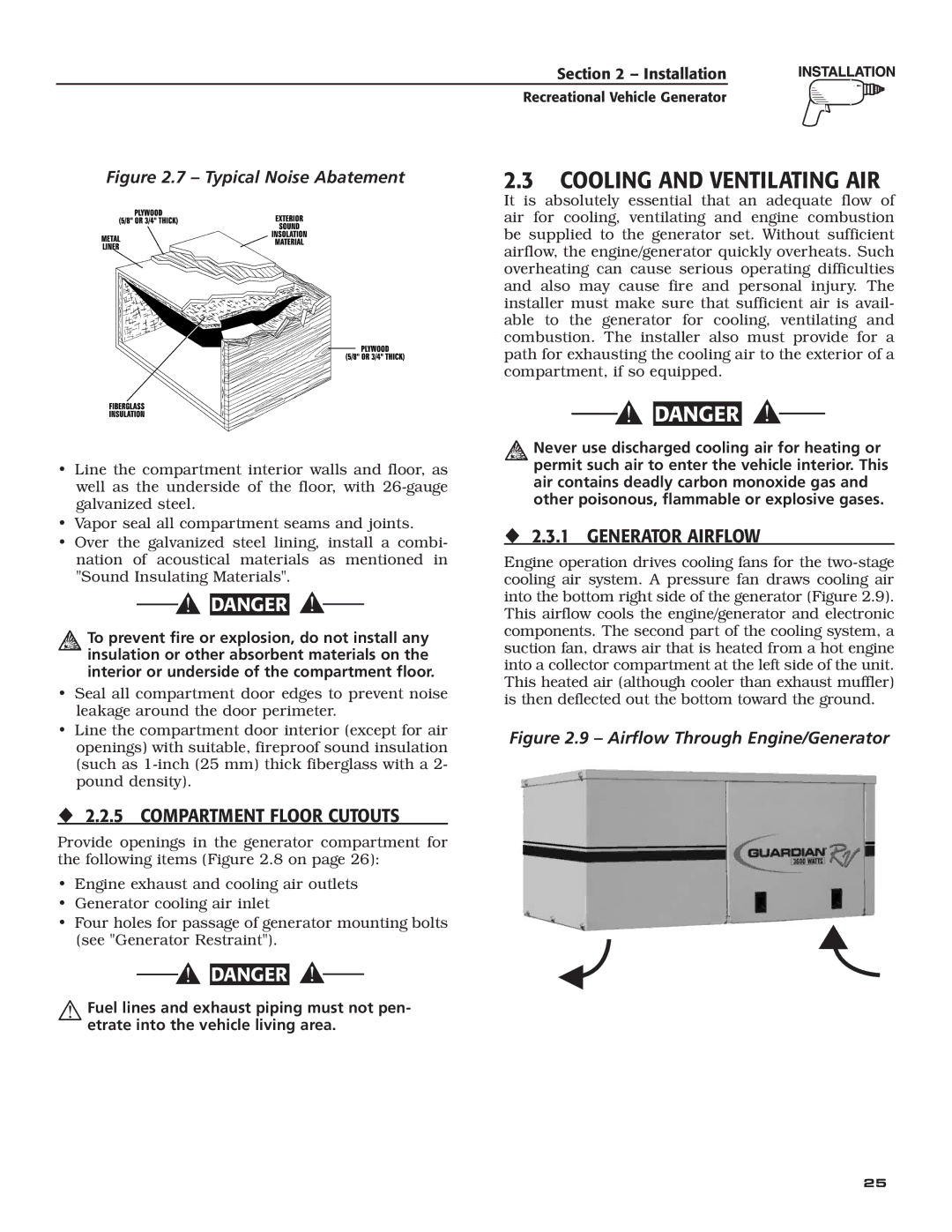 Guardian Technologies 004700-0, 004708-0 owner manual ‹ 2.2.5 Compartment Floor Cutouts, ‹ 2.3.1 Generator Airflow 