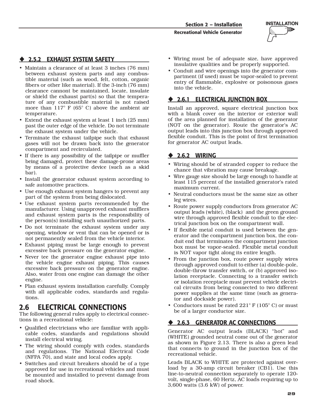 Guardian Technologies 004700-0, 004708-0 owner manual Electrical Connections, ‹ 2.5.2 Exhaust System Safety 