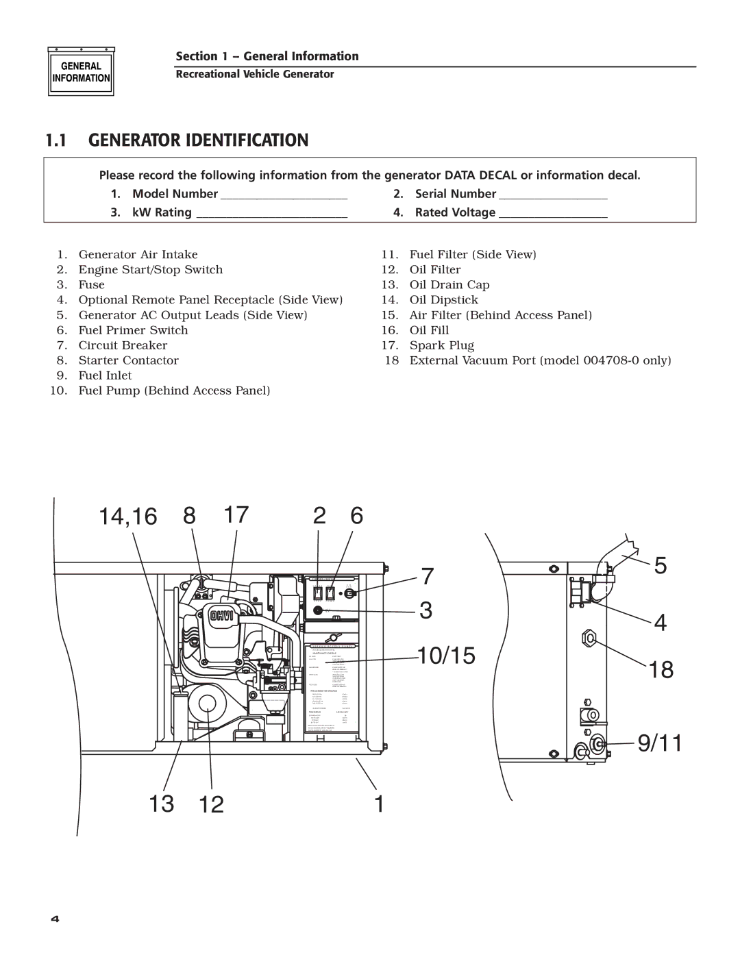 Guardian Technologies 004708-0, 004700-0 Generator Identification, Model Number Serial Number KW Rating Rated Voltage 