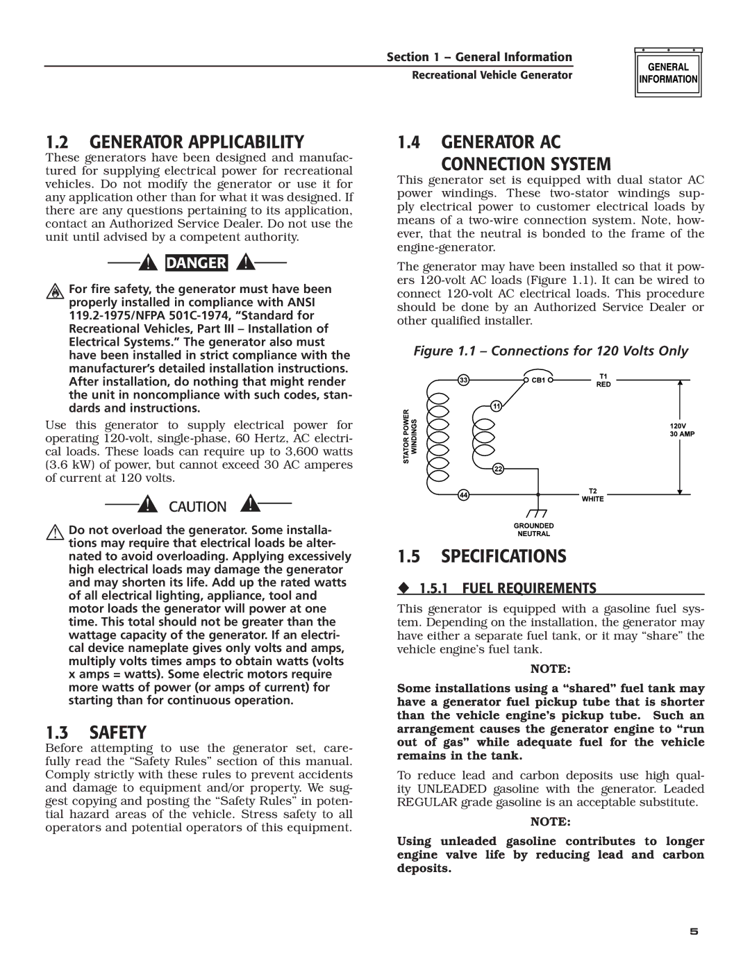 Guardian Technologies 004700-0, 004708-0 Generator Applicability, Safety, Specifications, ‹ 1.5.1 Fuel Requirements 