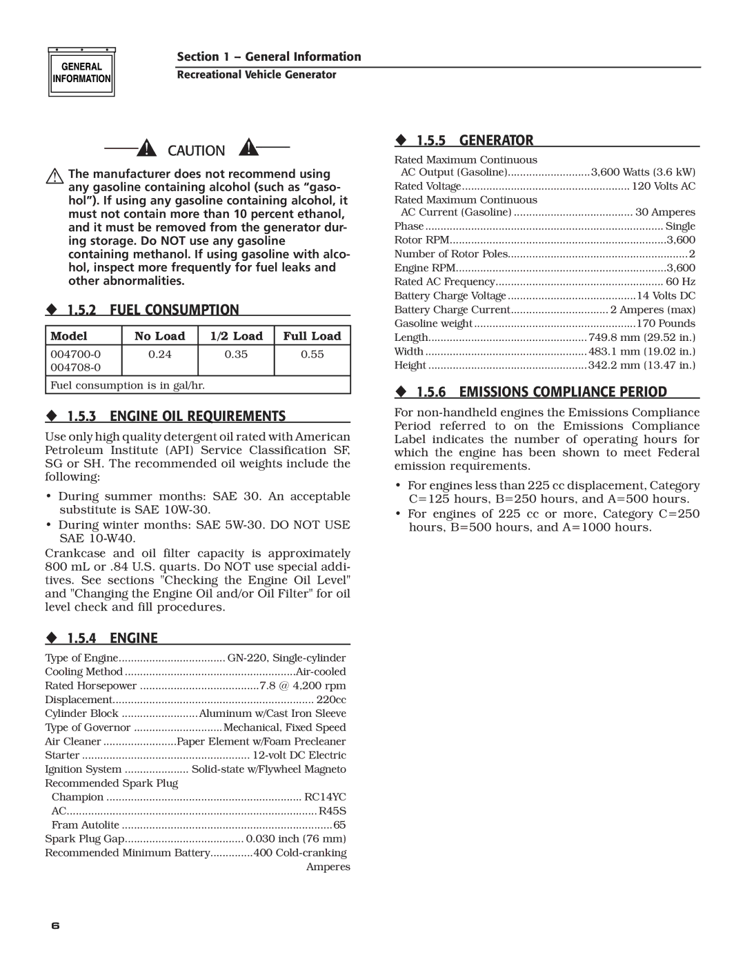 Guardian Technologies 004708-0, 004700-0 ‹ 1.5.5 Generator, Fuel Consumption, Engine OIL Requirements, ‹ 1.5.4 Engine 