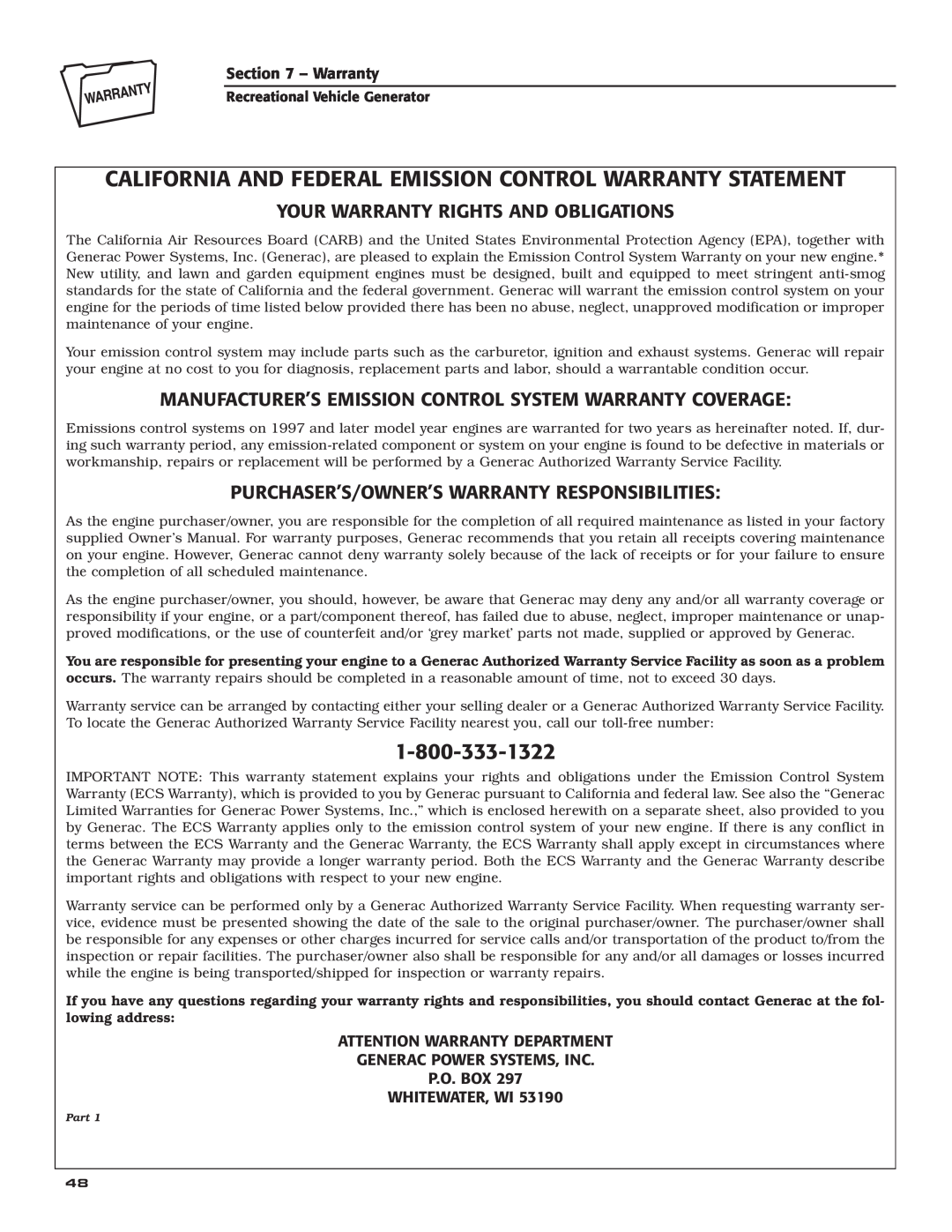 Guardian Technologies 004708-0, 004700-0 California And Federal Emission Control Warranty Statement, Whitewater, Wi 