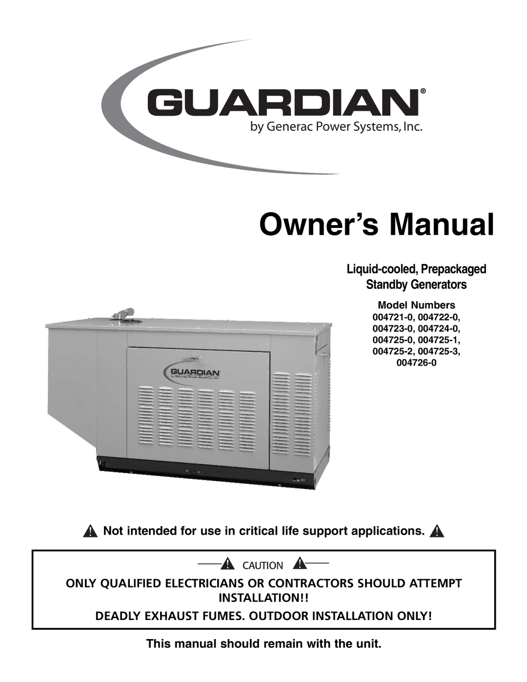 Guardian Technologies 004723-0, 004725-3, 004726-0, 004724-0 owner manual Liquid-cooled, Prepackaged Standby Generators 