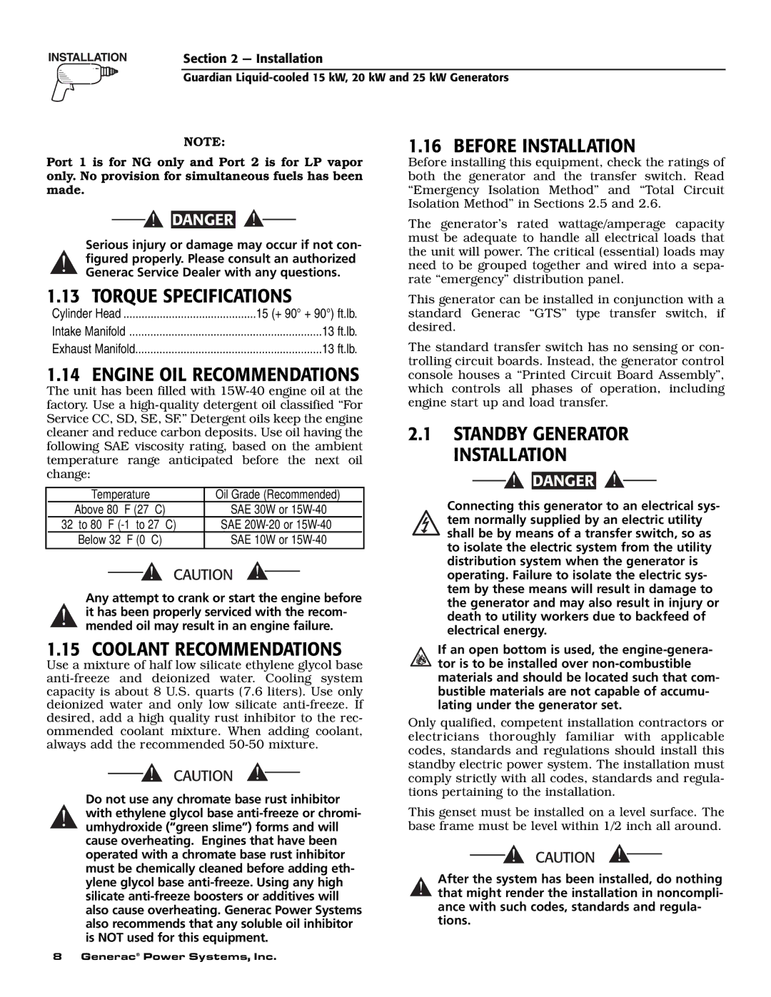 Guardian Technologies 004723-0, 004725-3 Torque Specifications, Engine OIL Recommendations, Coolant Recommendations 