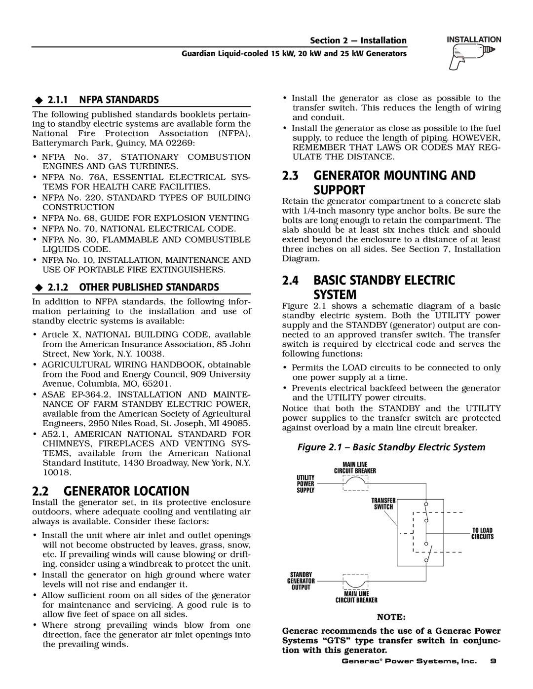 Guardian Technologies 004726-0, 004725-3 Generator Location, Generator Mounting Support, Basic Standby Electric System 