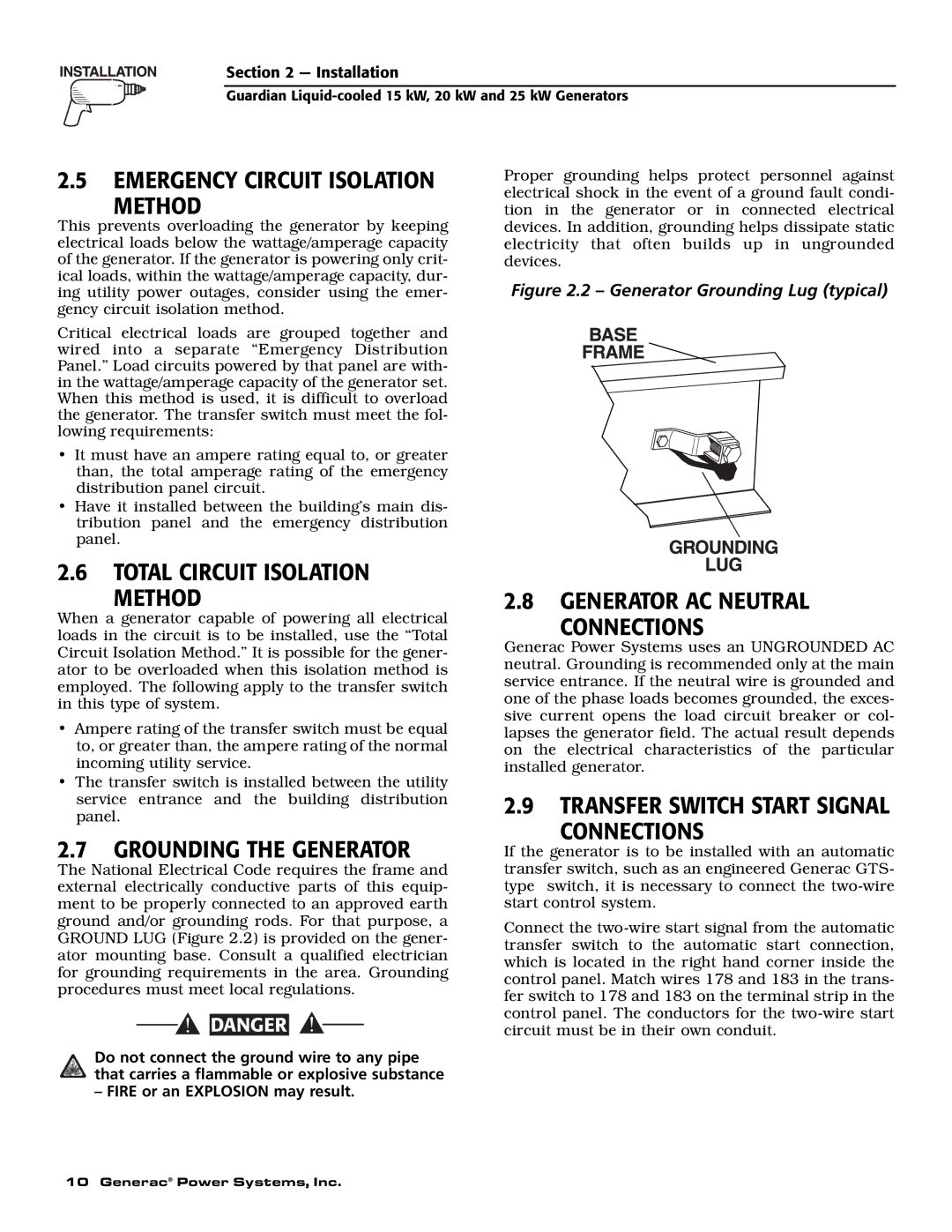 Guardian Technologies 004724-0 Emergency Circuit Isolation Method, Total Circuit Isolation Method, Grounding the Generator 