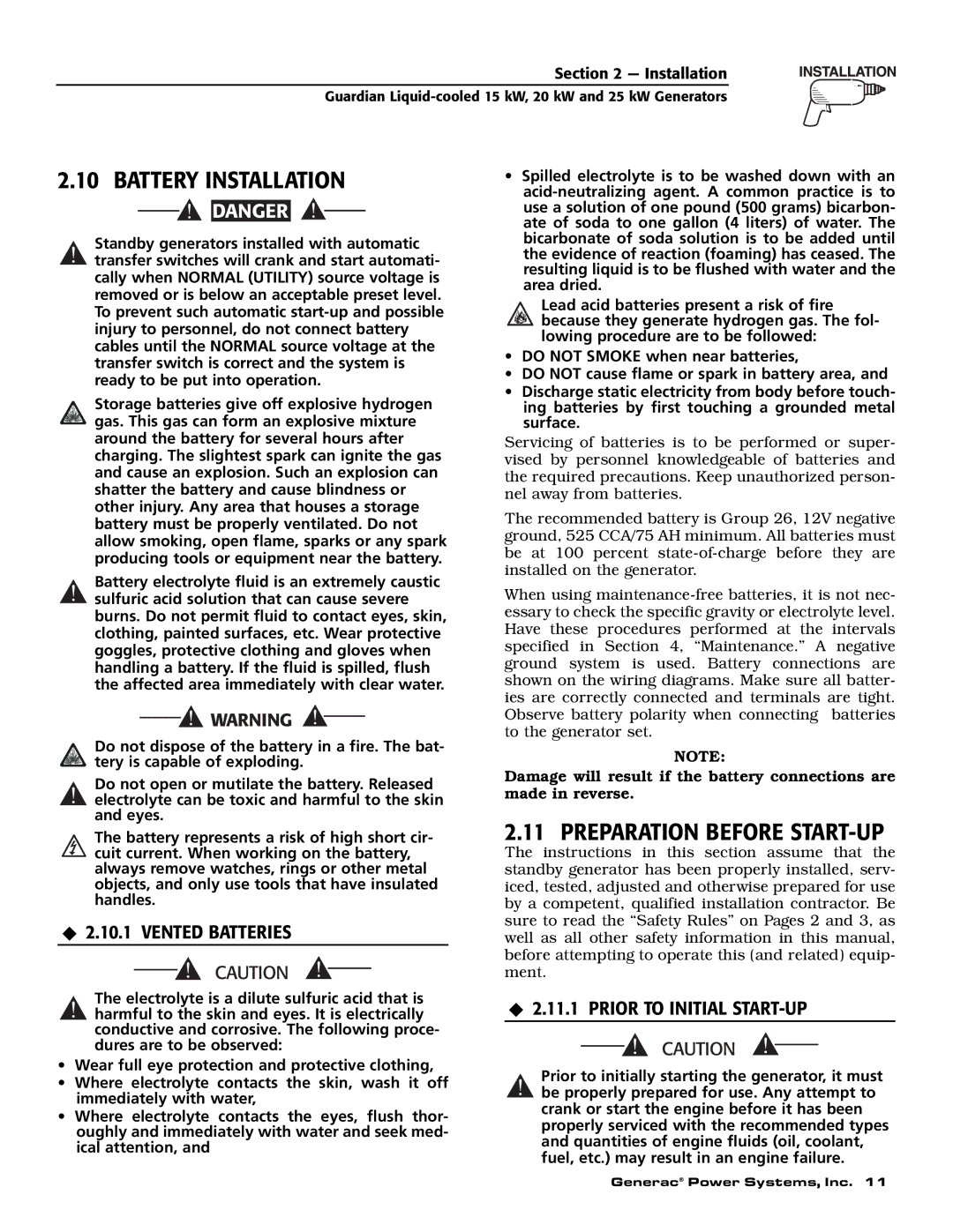 Guardian Technologies 004722-0, 004725-3 Battery Installation, Preparation Before START-UP, ‹ 2.10.1 Vented Batteries 