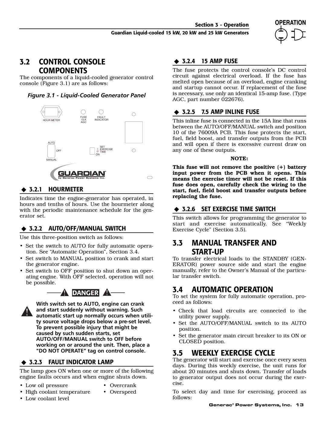 Guardian Technologies 004725-1, 004725-3, 004723-0 Control Console Components, Manual Transfer START-UP Automatic Operation 