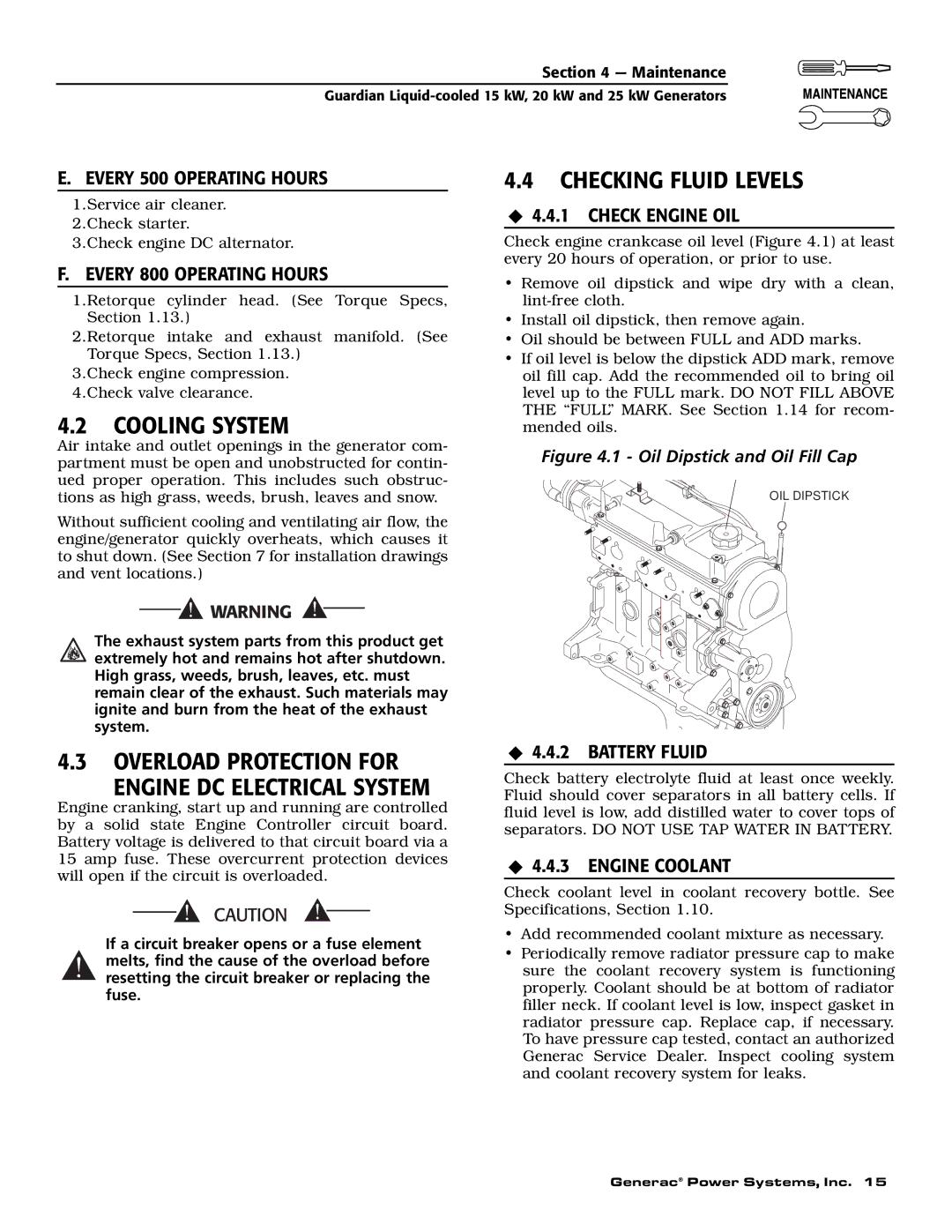 Guardian Technologies 004725-2 Cooling System, Checking Fluid Levels, Overload Protection for Engine DC Electrical System 