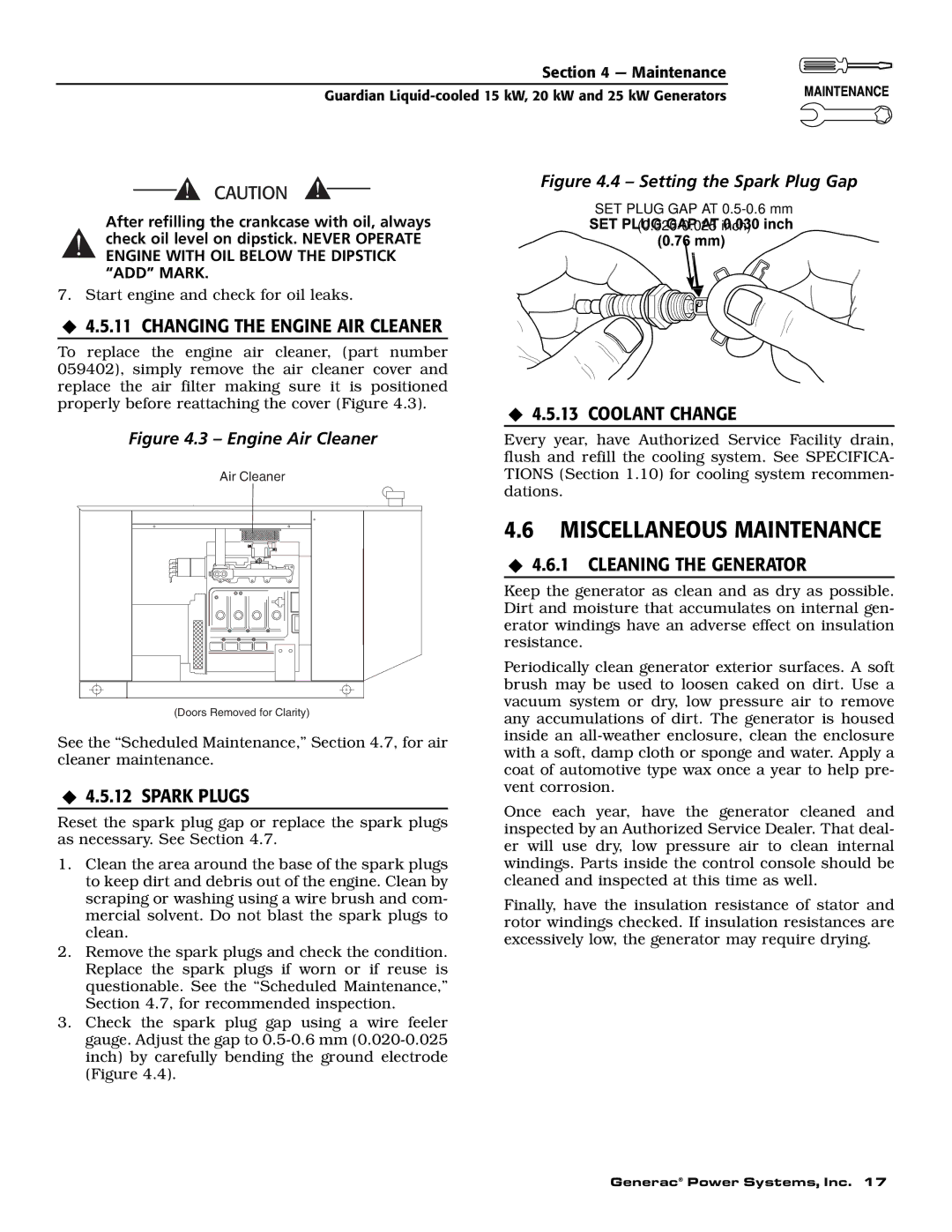 Guardian Technologies 004723-0, 004725-3, 004726-0 Miscellaneous Maintenance, ‹ 4.5.11 Changing the Engine AIR Cleaner 