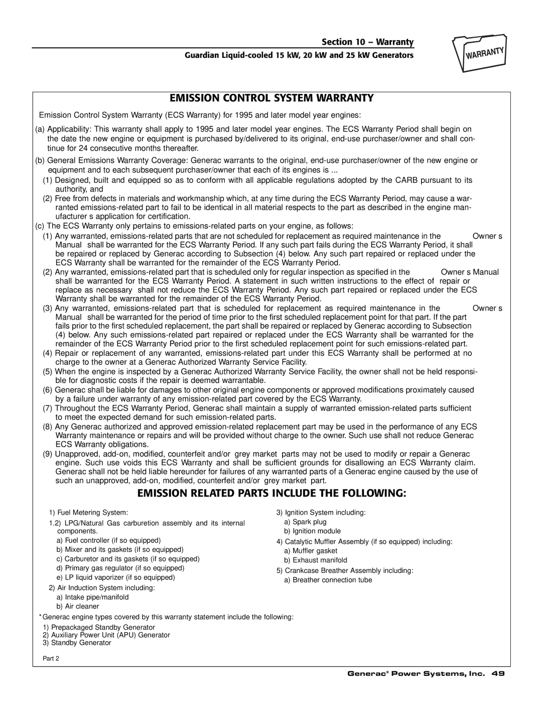 Guardian Technologies 004725-1, 004725-3 Emission Control System Warranty, Emission Related Parts Include the Following 