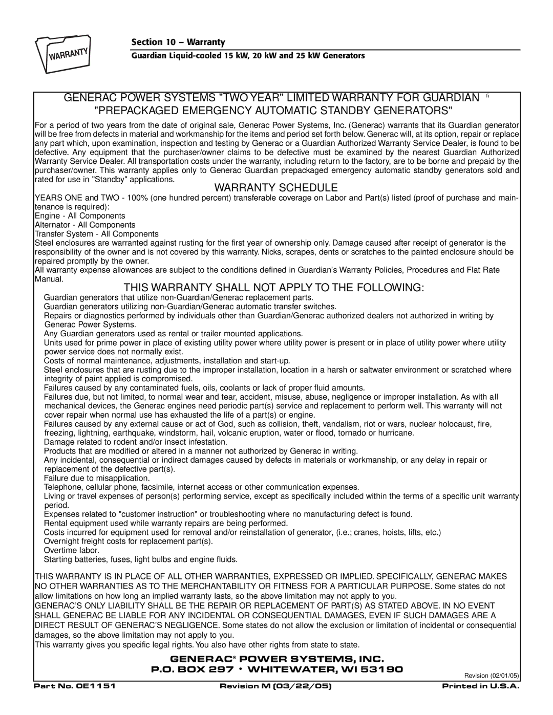 Guardian Technologies 004721-0, 004725-3, 004723-0, 004726-0, 004724-0, 004722-0, 004725-0, 004725-1, 004725-2 Warranty Schedule 