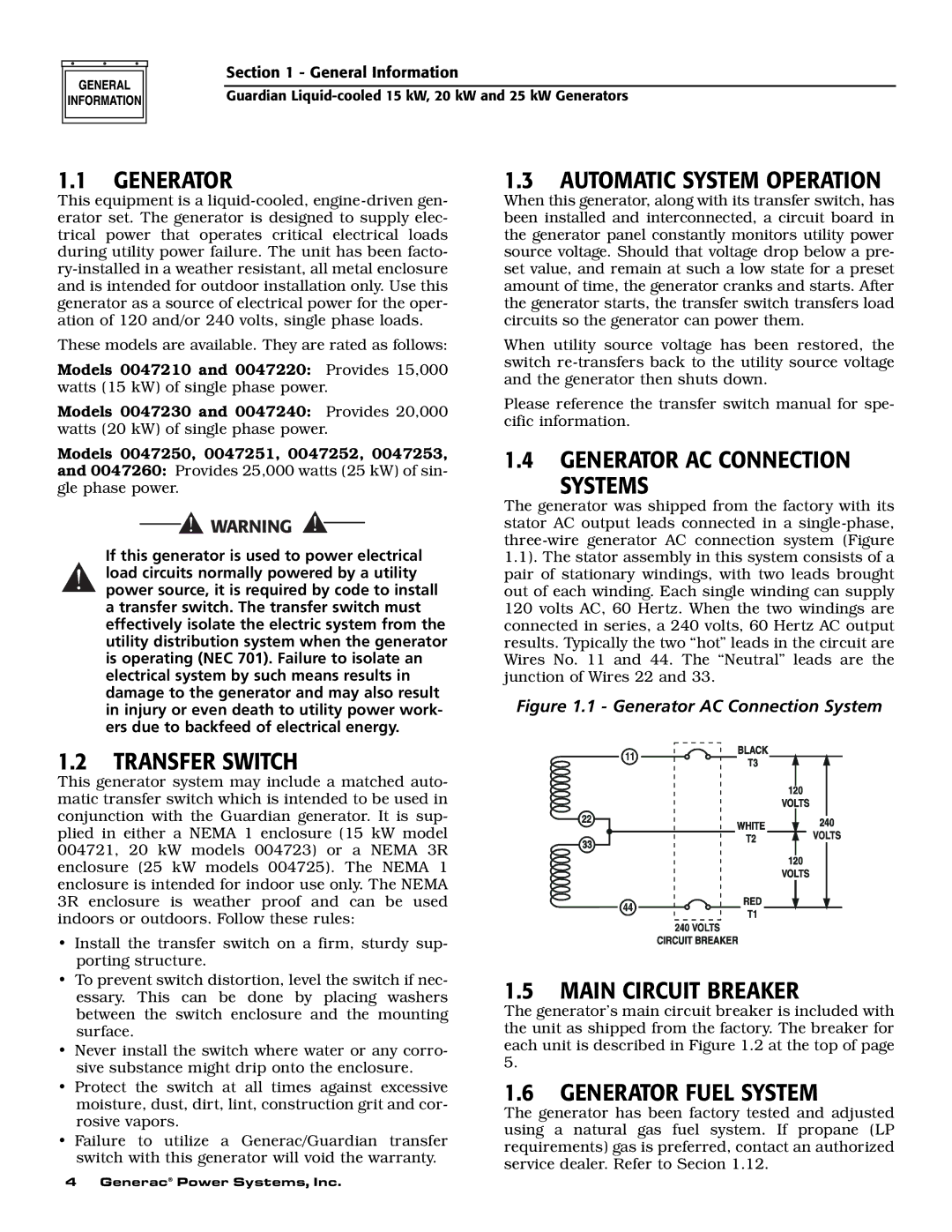 Guardian Technologies 004725-1, 004725-3 Automatic System Operation, Generator AC Connection Systems, Transfer Switch 