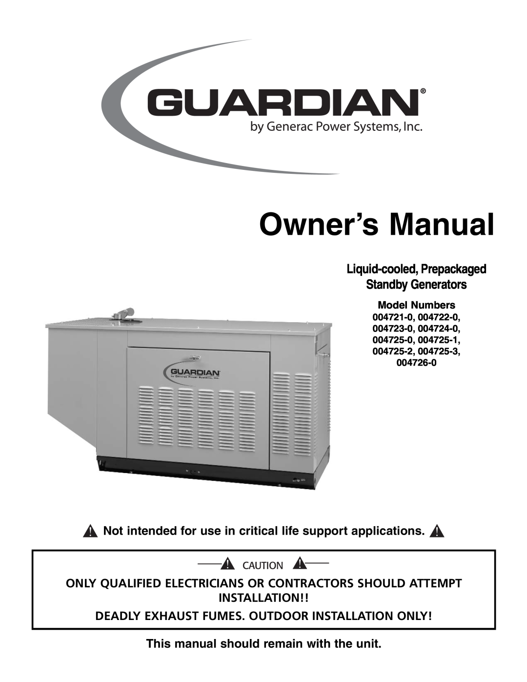 Guardian Technologies 004723-0, 004725-3 owner manual Model Numbers, Liquid-cooled, Prepackaged Standby Generators 
