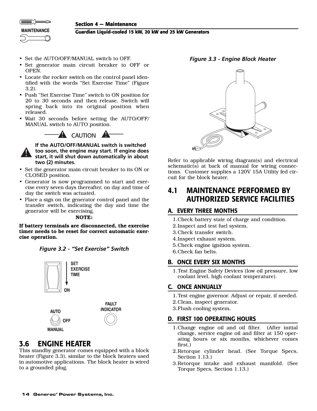 Guardian Technologies 004721-0 Engine Heater, Maintenance Performed By Authorized Service Facilities, C. Once Annually 