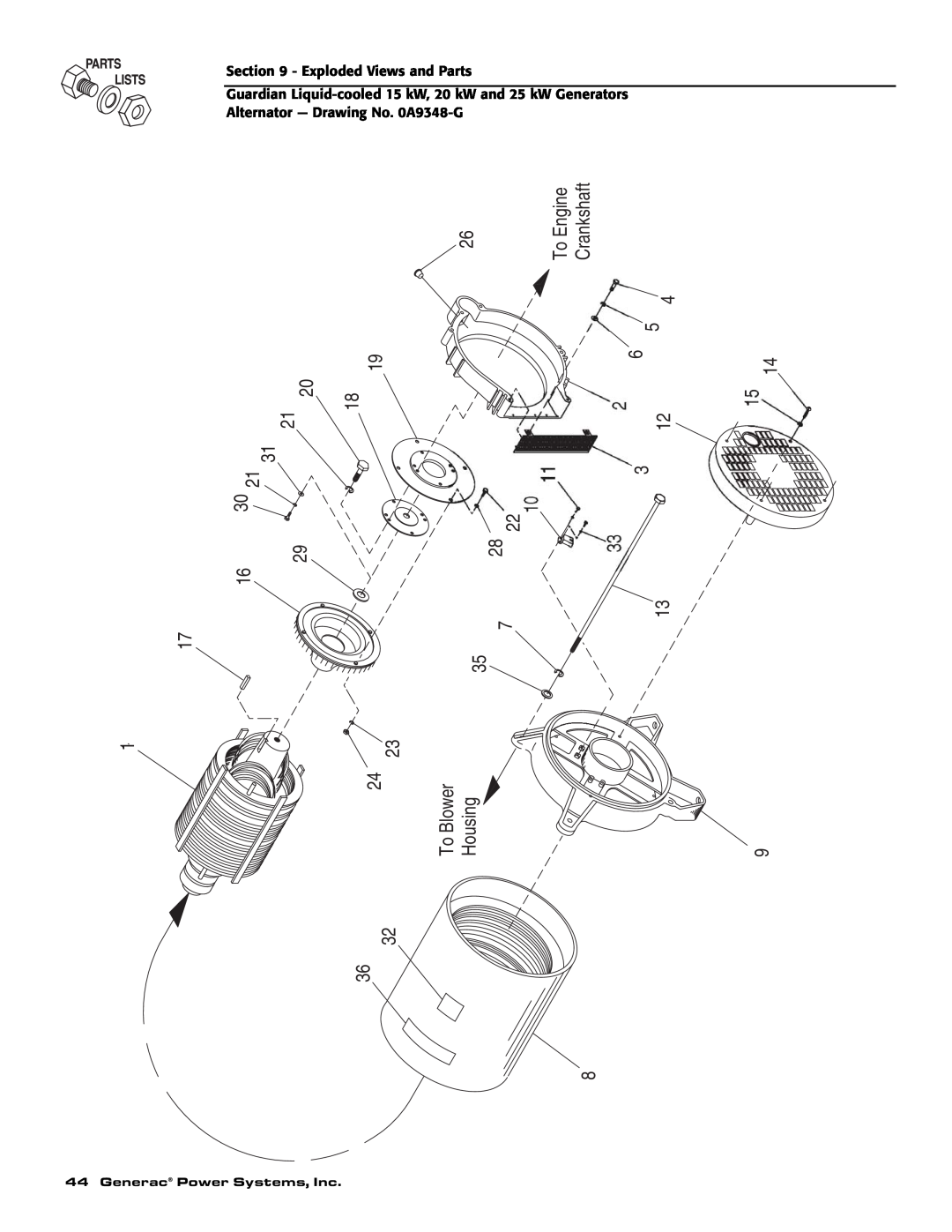 Guardian Technologies 004723-0, 004725-3, 004726-0 16 30, To Engine Crankshaft, To Blower Housing, Exploded Views and Parts 