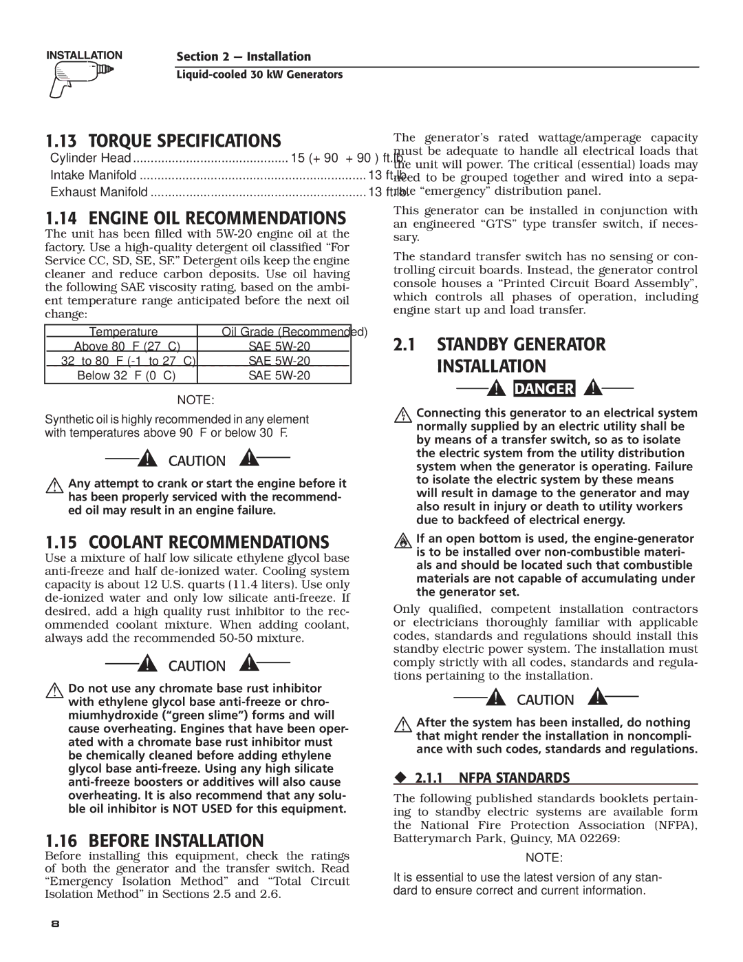 Guardian Technologies 004988-4 Torque Specifications, Engine OIL Recommendations, Standby Generator Installation 