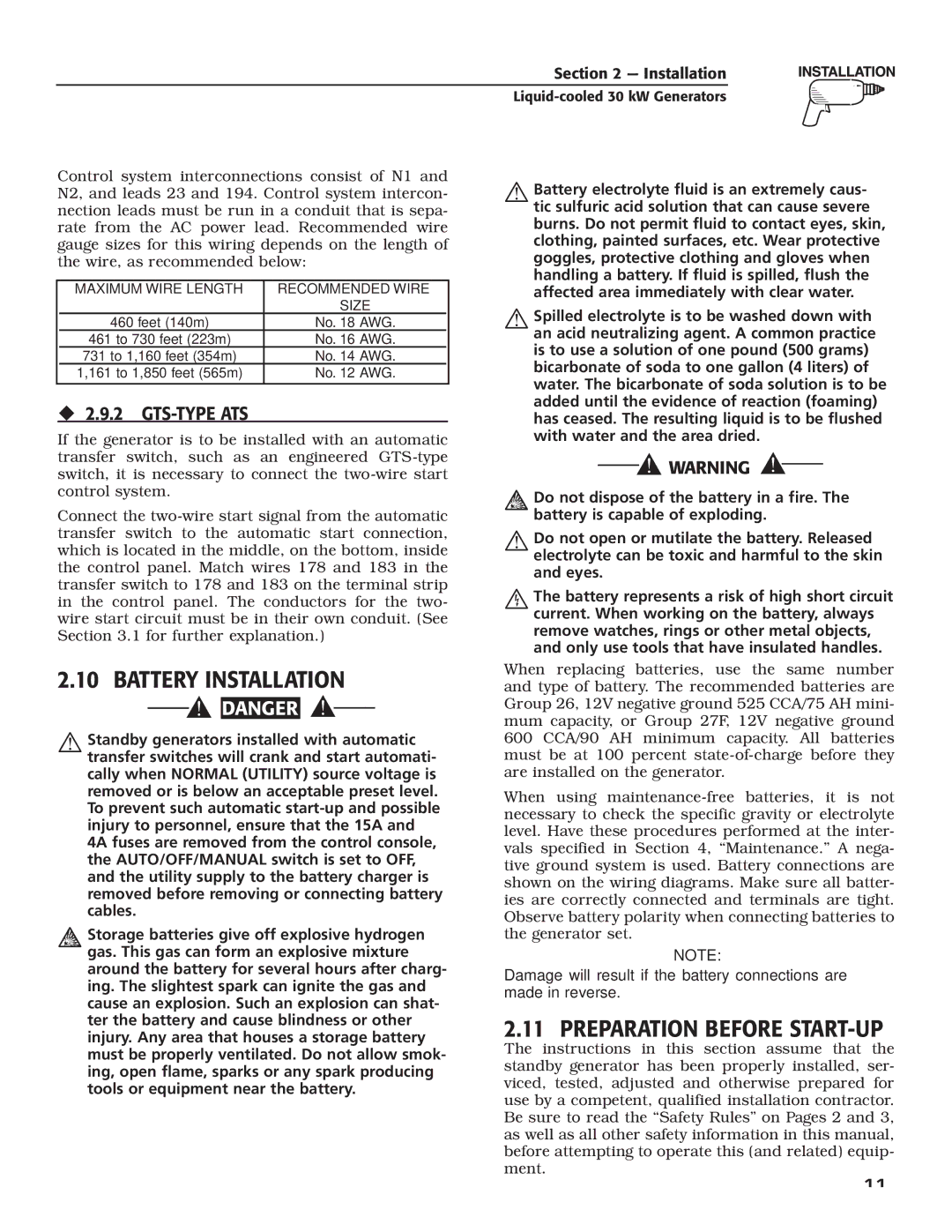 Guardian Technologies 004988-4 owner manual Battery Installation, Preparation Before START-UP, ‹ 2.9.2 GTS-TYPE ATS 