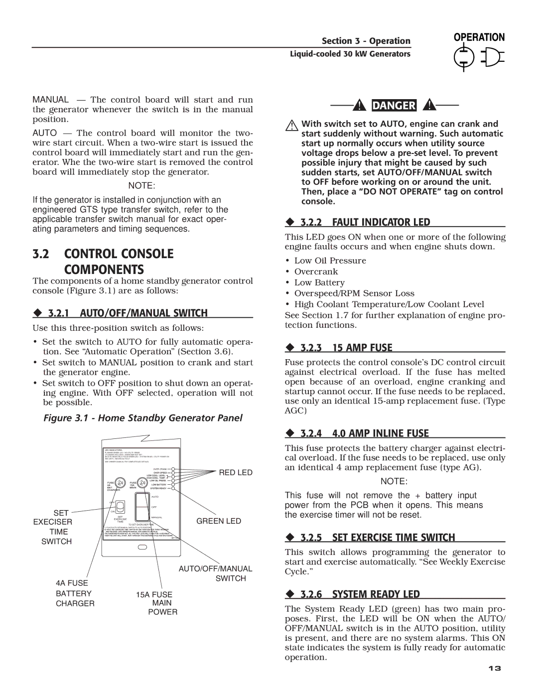 Guardian Technologies 004988-4 Control Console Components, ‹ 3.2.1 AUTO/OFF/MANUAL Switch, ‹ 3.2.2 Fault Indicator LED 