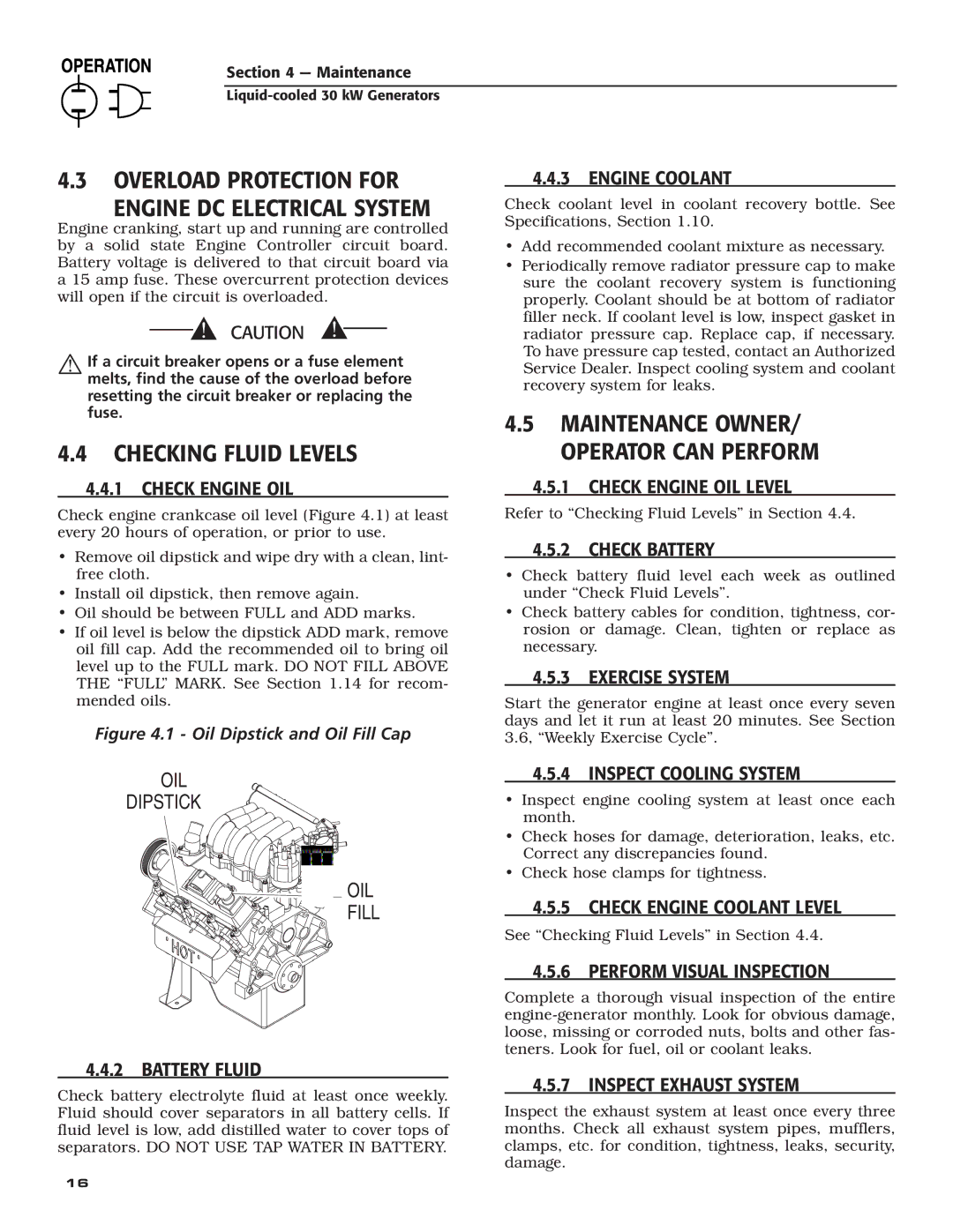 Guardian Technologies 004988-4 owner manual Overload Protection for Engine DC Electrical System, Checking Fluid Levels 