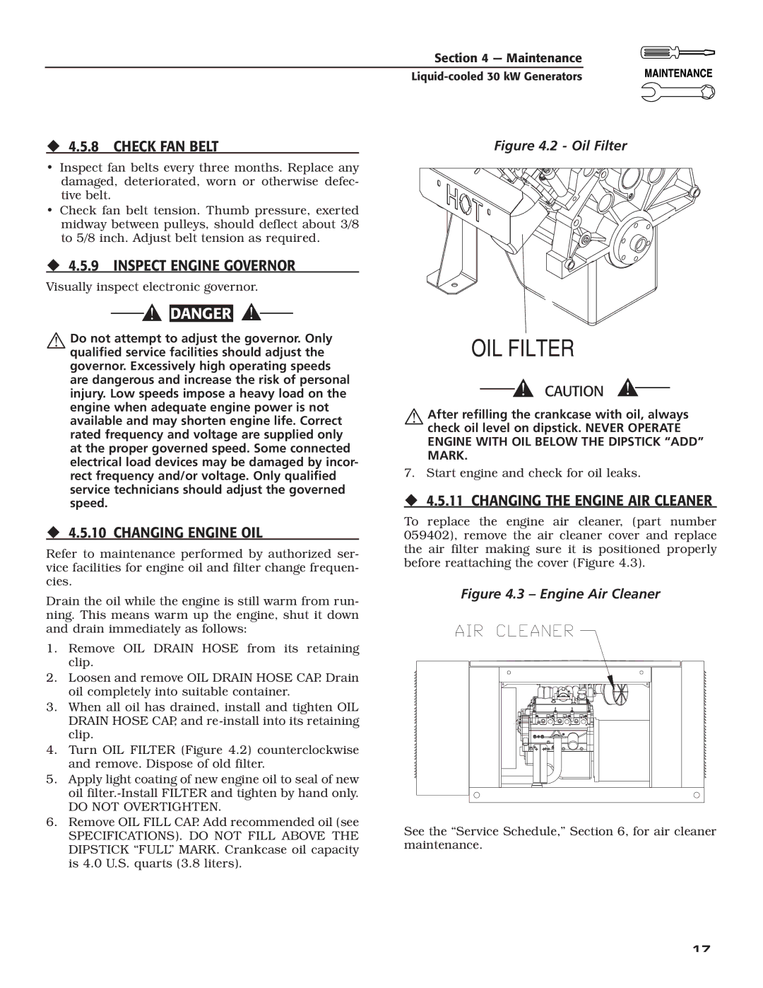 Guardian Technologies 004988-4 ‹ 4.5.8 Check FAN Belt, ‹ 4.5.9 Inspect Engine Governor, ‹ 4.5.10 Changing Engine OIL 